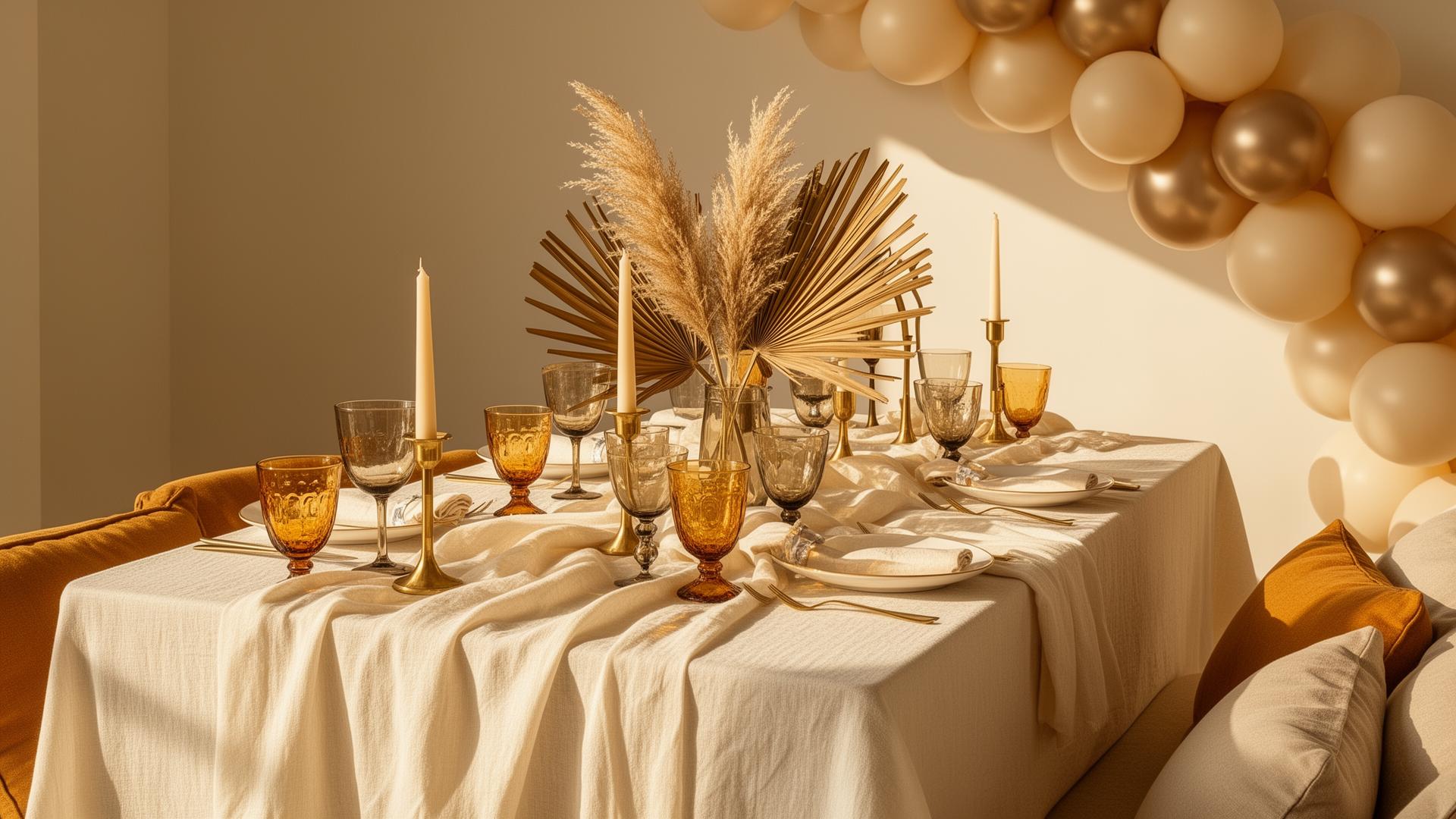 Editorial tablescape with brass candelabra, dried palm and amber glassware
