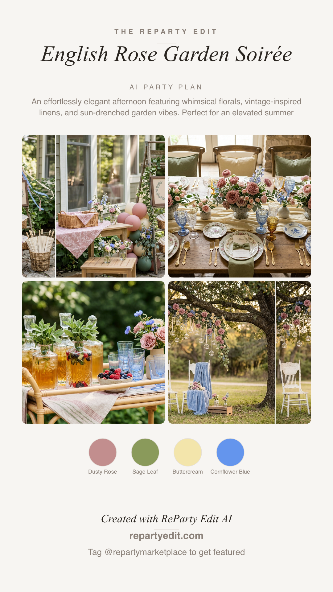 ReParty Edit moodboard — English Rose Garden Soirée